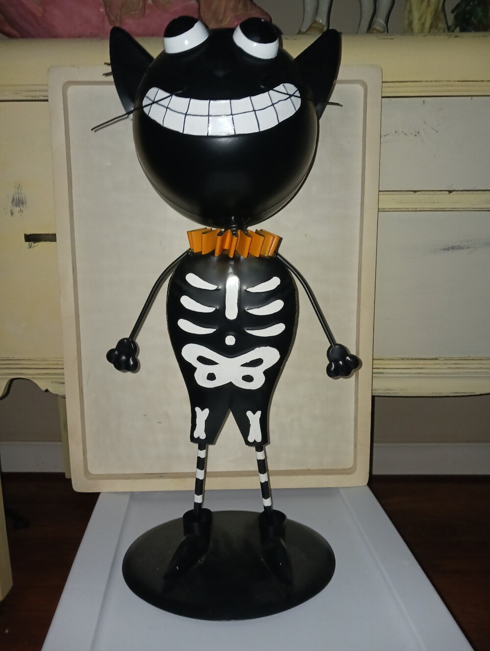 Tall Metal Black Skeleton Cat Figure with Orange Collar - Decorative Home Accent